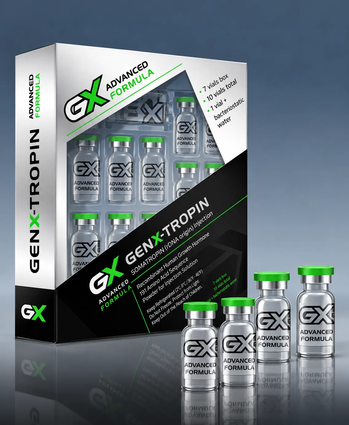 GenXtropin 100IU HGH kit with 10 somatropin vials and bacteriostatic water in Advanced Formula packaging
